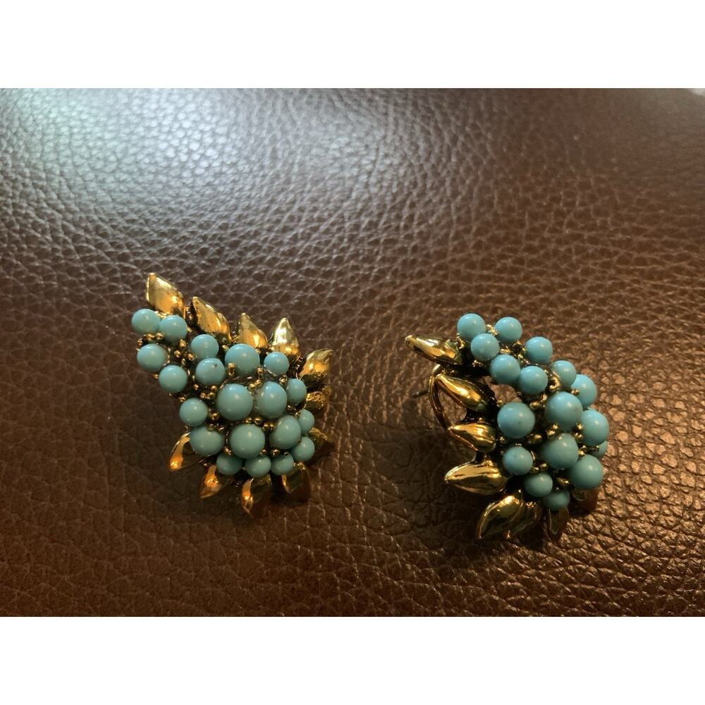 Antique Turquoise Gold Earrings Flower Museum VTG Revival Leaf Botanical Cluster - Picture 4 of 6